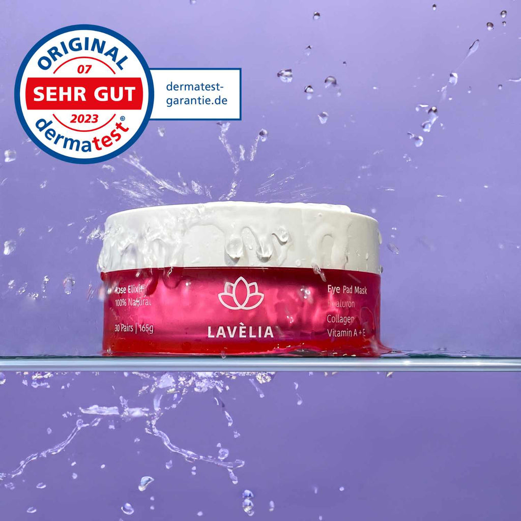 LAVÈLIA ROSE ELIXIR Augenpads: Eine Dermatest zertifizierte Revolution in der Hautpflege mit der Auszeichnung "Sehr Gut".